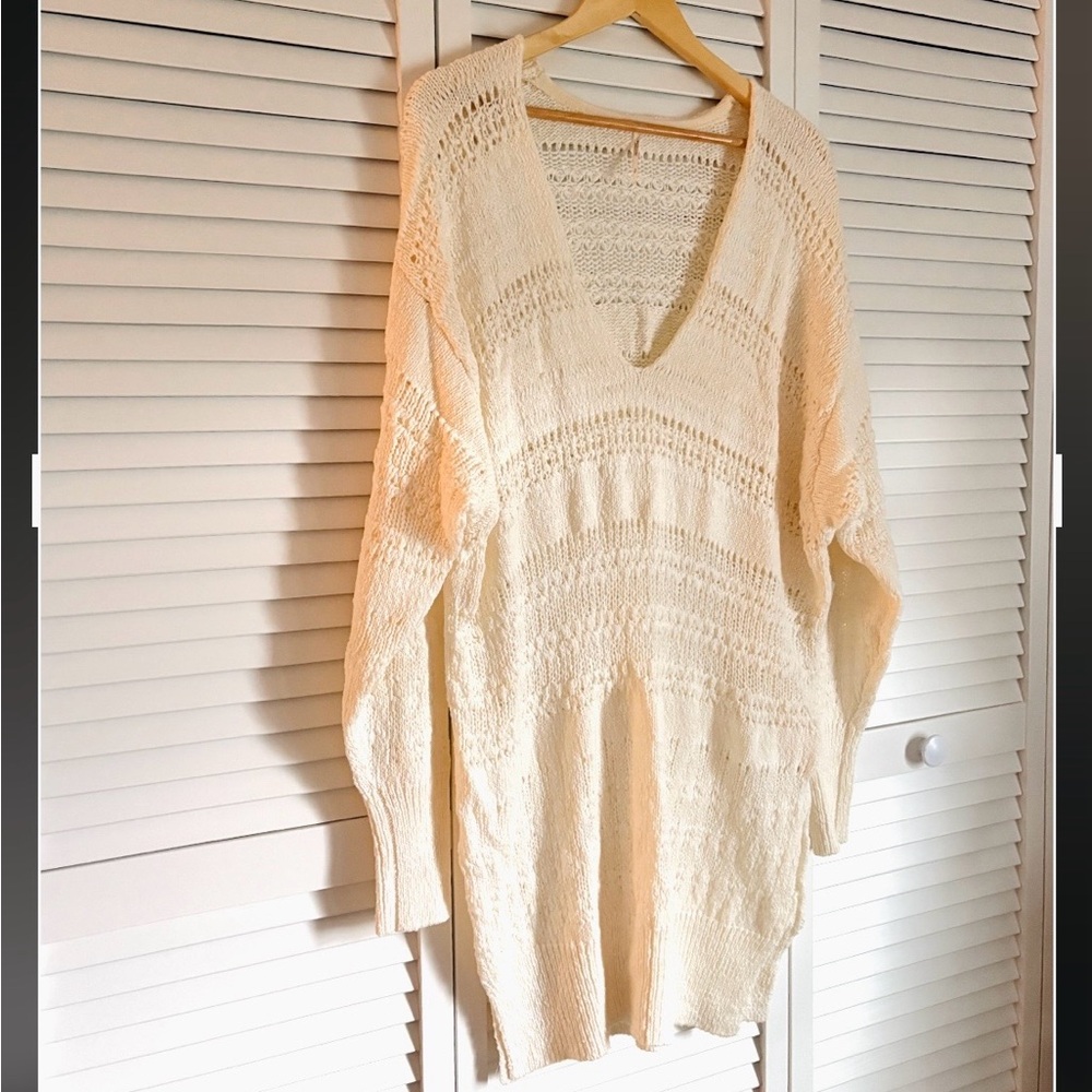 Free People Cream Open-Knit V-Neck Sweater